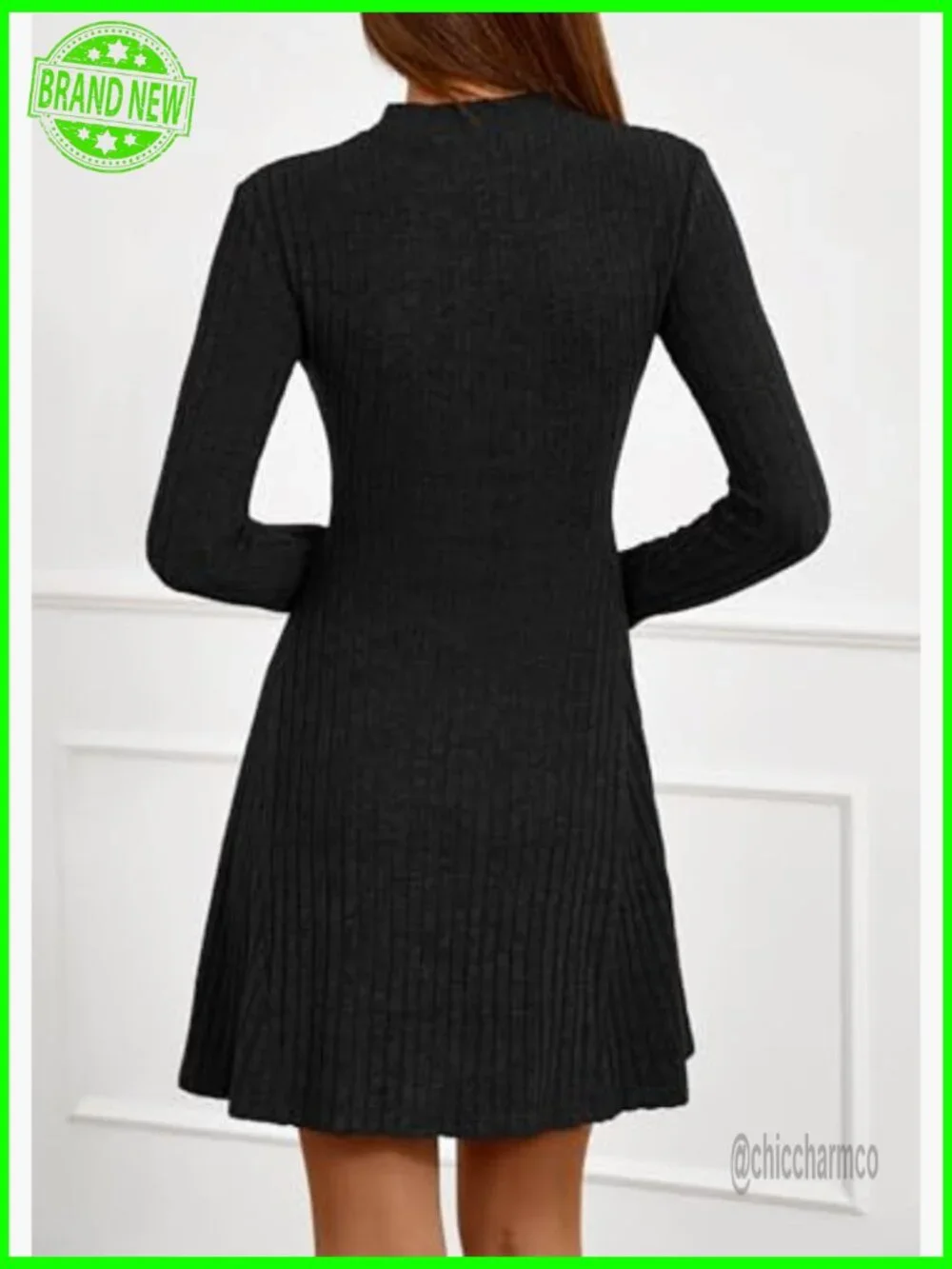 Ribbed Knit Mock Neck A-Line Sweater Dress Long Sleeve Fit Flare - Picture 2 of 6